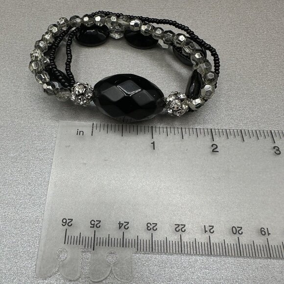 Beaded Stretch Bracelet Black Faceted Multi Strand Rhinestone Acrylic Chunky - Picture 6 of 11